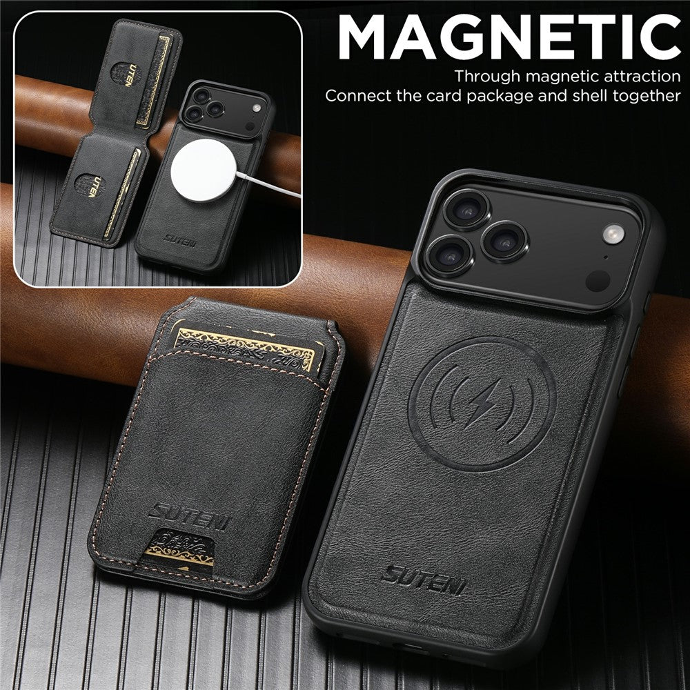 SUTENI M5 For iPhone 17 Pro Max Magnetic Case with Card Bag Cowhide Texture Leather Phone Back Cover - Black