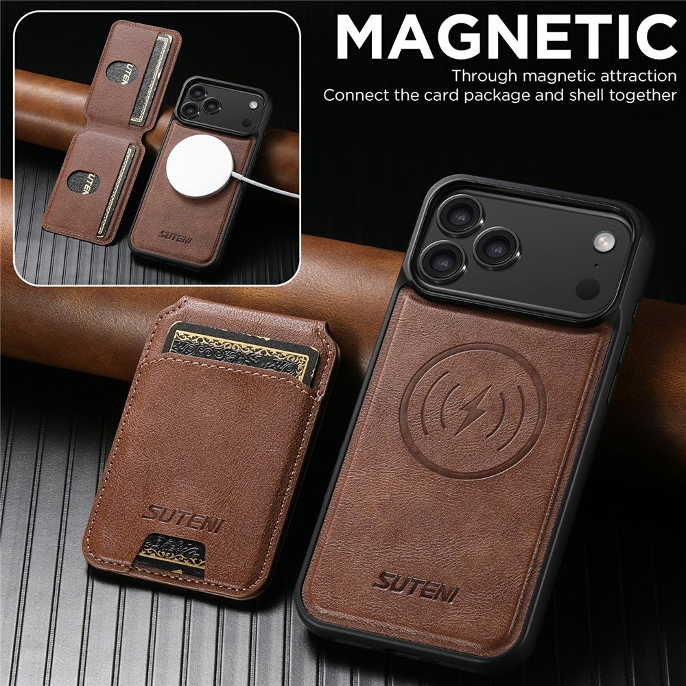 SUTENI M5 For iPhone 17 Pro Max Magnetic Case with Card Bag Cowhide Texture Leather Phone Back Cover - Brown