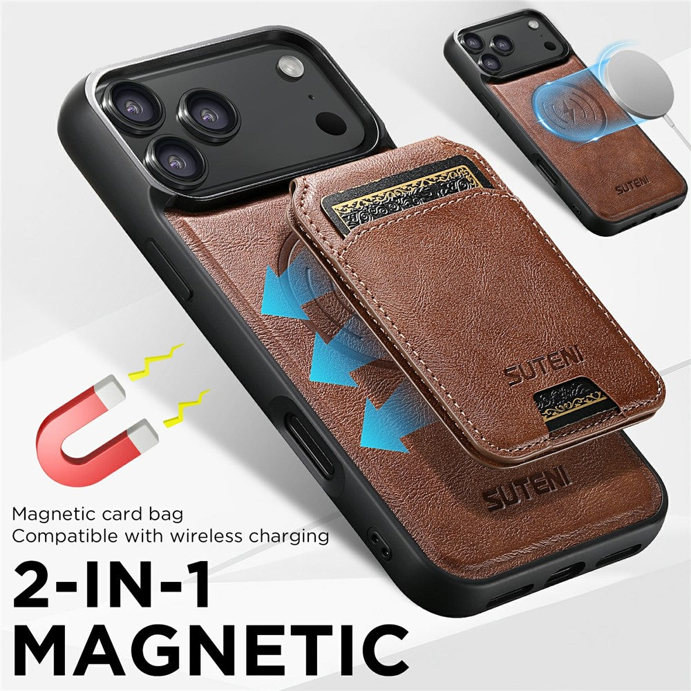 SUTENI M5 For iPhone 17 Pro Max Magnetic Case with Card Bag Cowhide Texture Leather Phone Back Cover - Brown