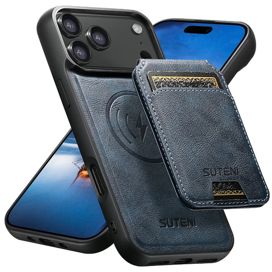 SUTENI M5 For iPhone 17 Pro Max Magnetic Case with Card Bag Cowhide Texture Leather Phone Back Cover - Blue
