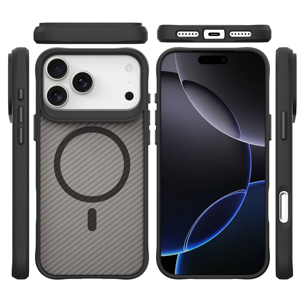 For iPhone 17 Pro Max Case Magnetic Carbon Fiber Texture Phone Cover - Black