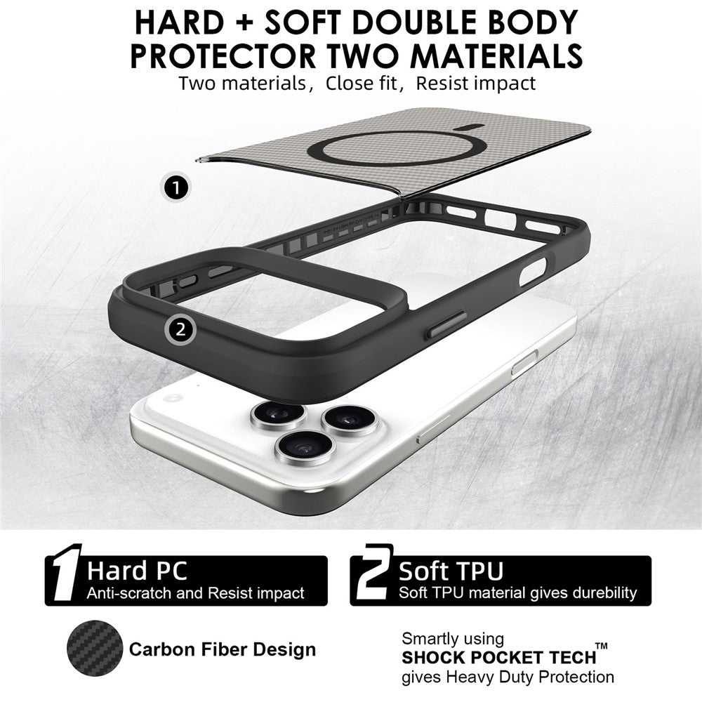 For iPhone 17 Pro Max Case Magnetic Carbon Fiber Texture Phone Cover - Black