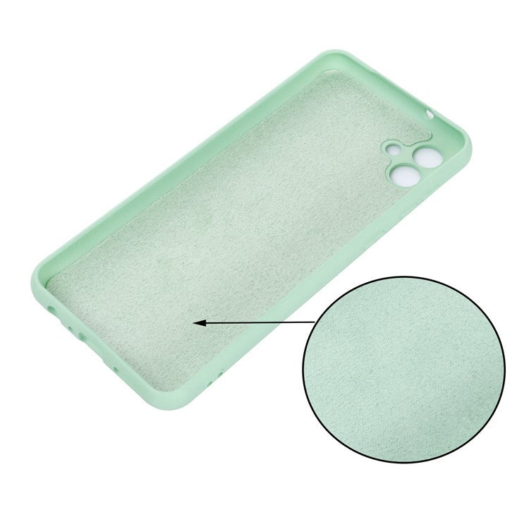 For Samsung Galaxy A04 4G (164.4 x 76.3 x 9.1 mm) Liquid Silicone Phone Case Anti-Scratch Soft Fiber Lining Camera Protection Cover with Strap - Green