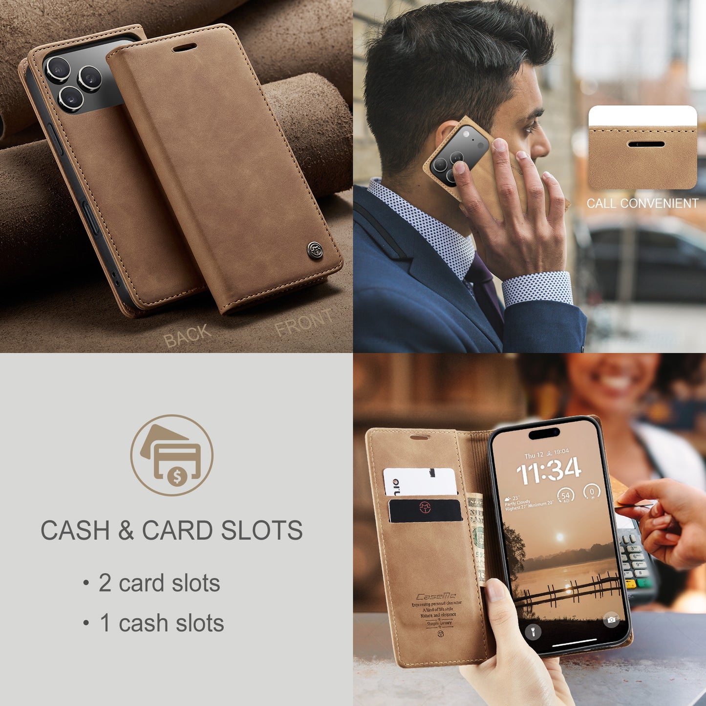 For iPhone 17 Pro Max Wallet Case CASEME 013 Series PU Leather Phone Cover Stand - Brown