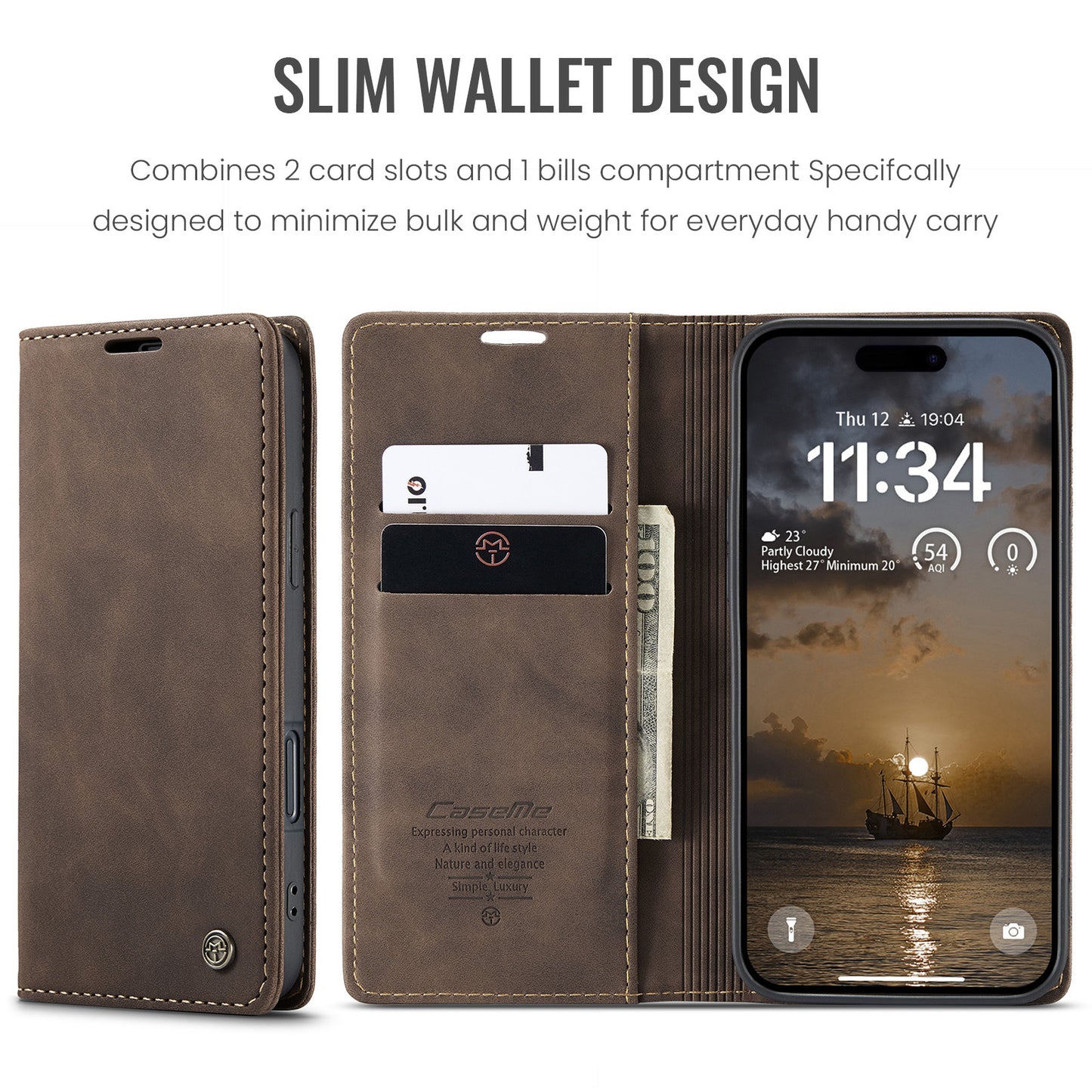For iPhone 17 Pro Max Wallet Case CASEME 013 Series PU Leather Phone Cover Stand - Coffee