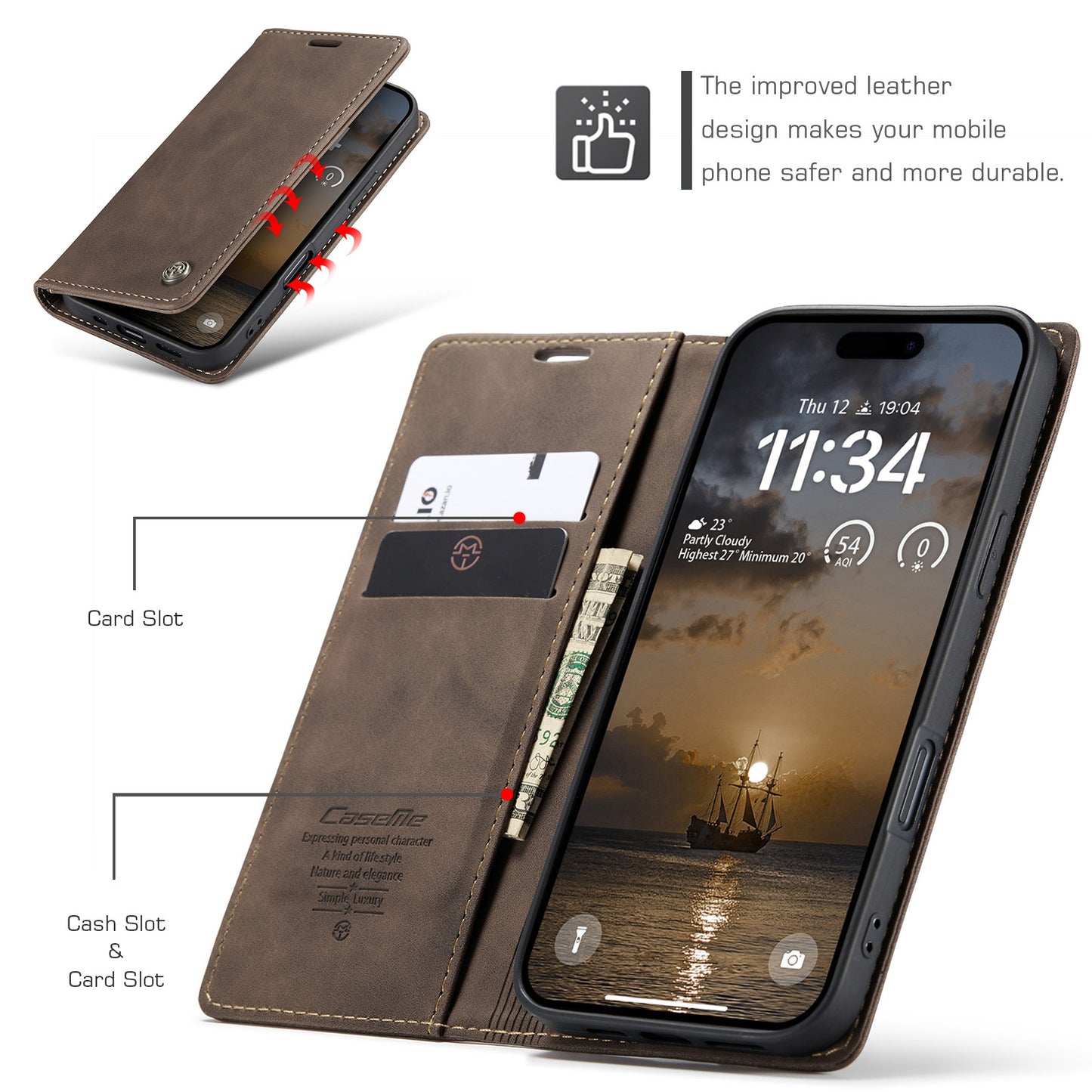 For iPhone 17 Pro Max Wallet Case CASEME 013 Series PU Leather Phone Cover Stand - Coffee