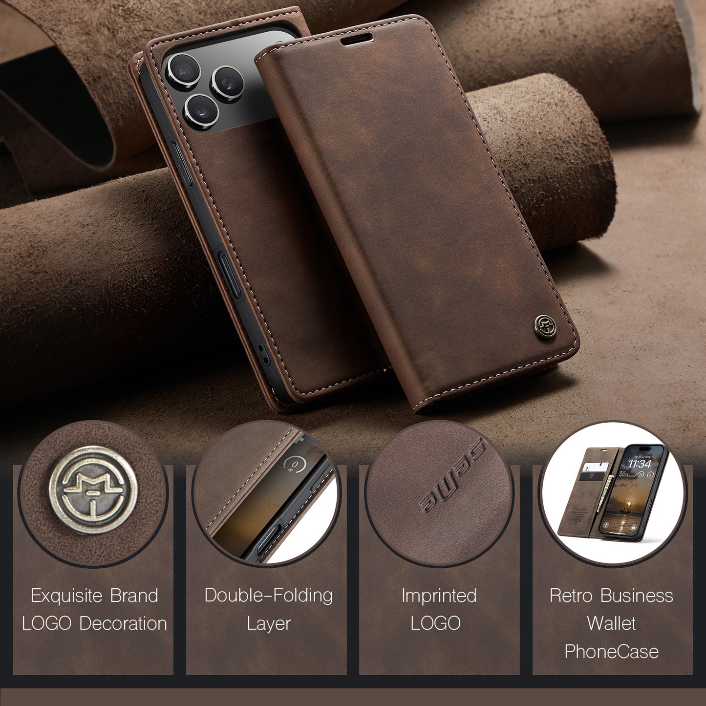 For iPhone 17 Pro Max Wallet Case CASEME 013 Series PU Leather Phone Cover Stand - Coffee