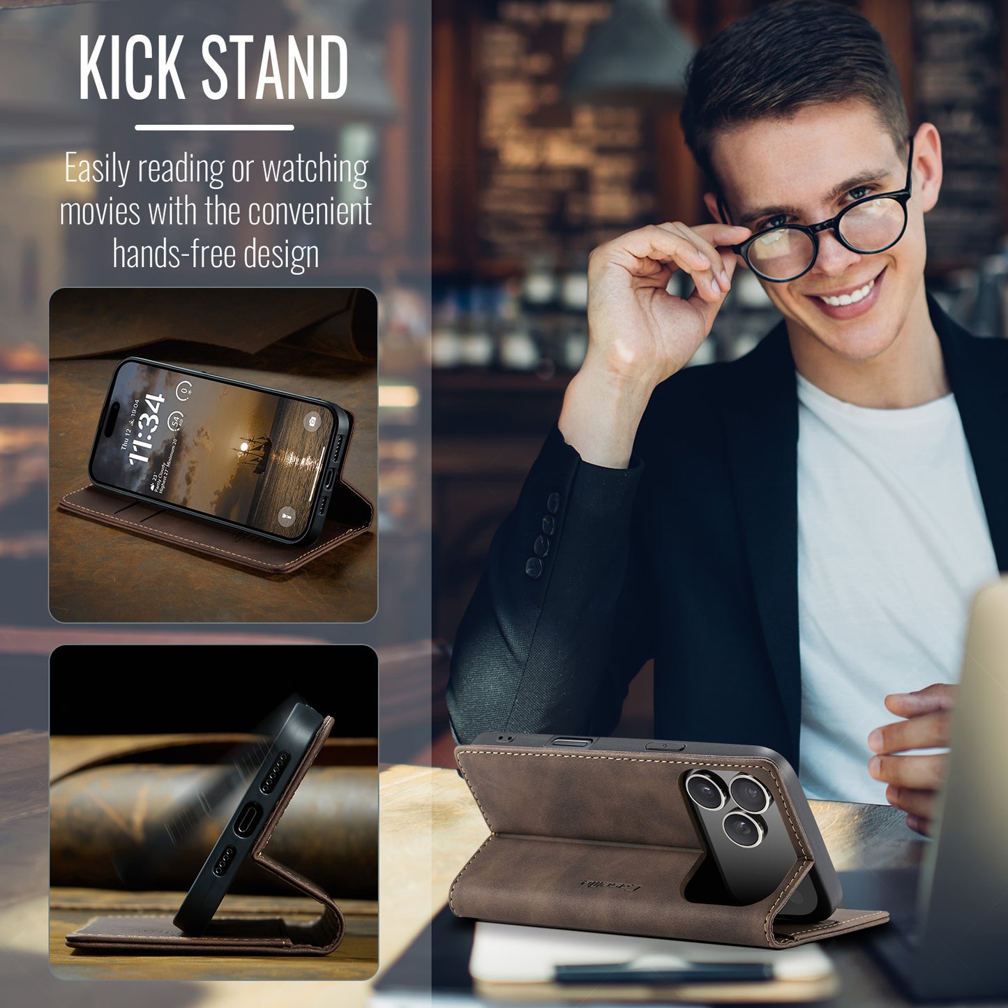 For iPhone 17 Pro Max Wallet Case CASEME 013 Series PU Leather Phone Cover Stand - Coffee
