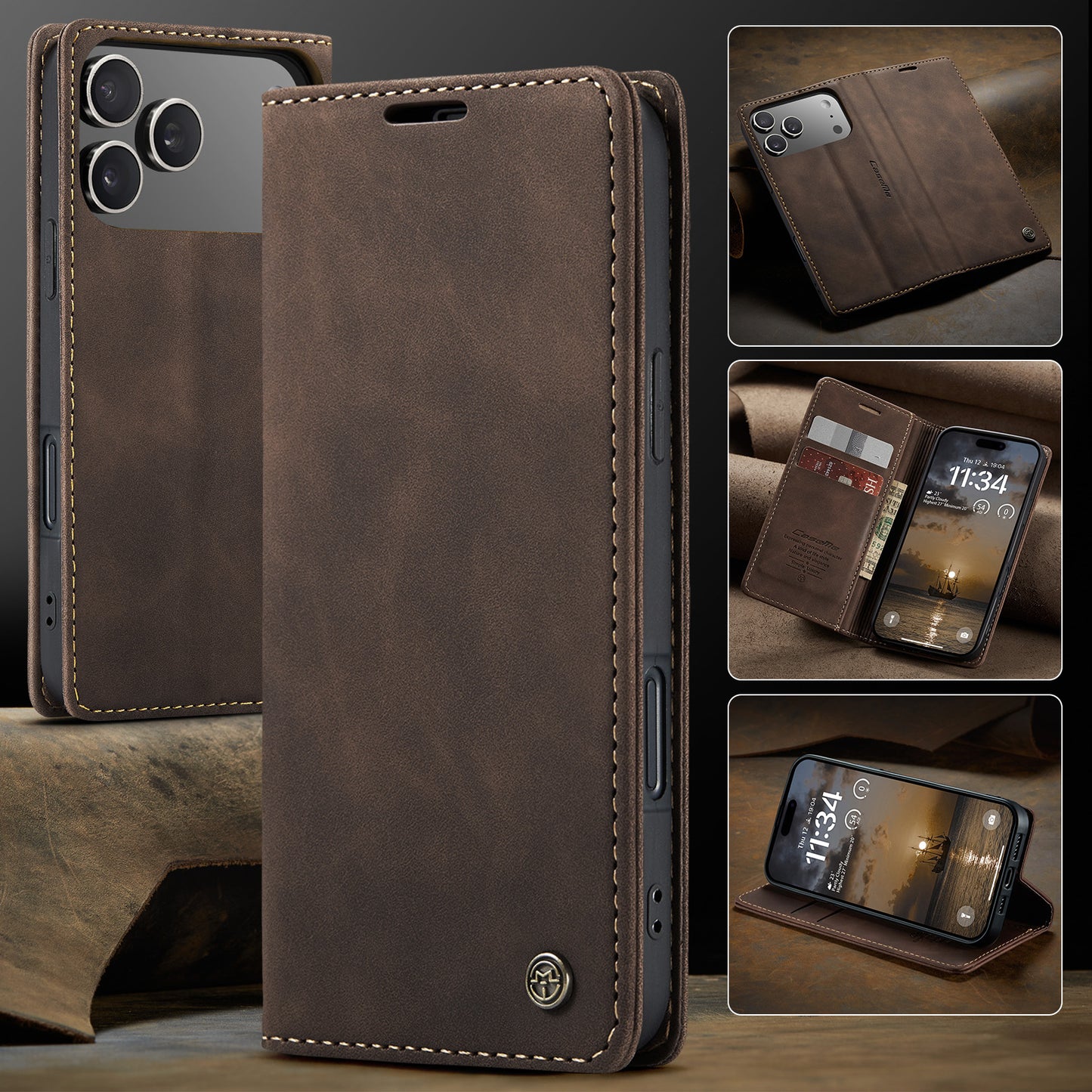 For iPhone 17 Pro Max Wallet Case CASEME 013 Series PU Leather Phone Cover Stand - Coffee