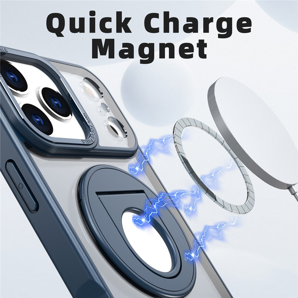 For iPhone 17 Pro Max Clear Back Case Rotating Kickstand TPU + PC Phone Cover Compatible with MagSafe - Dark Blue