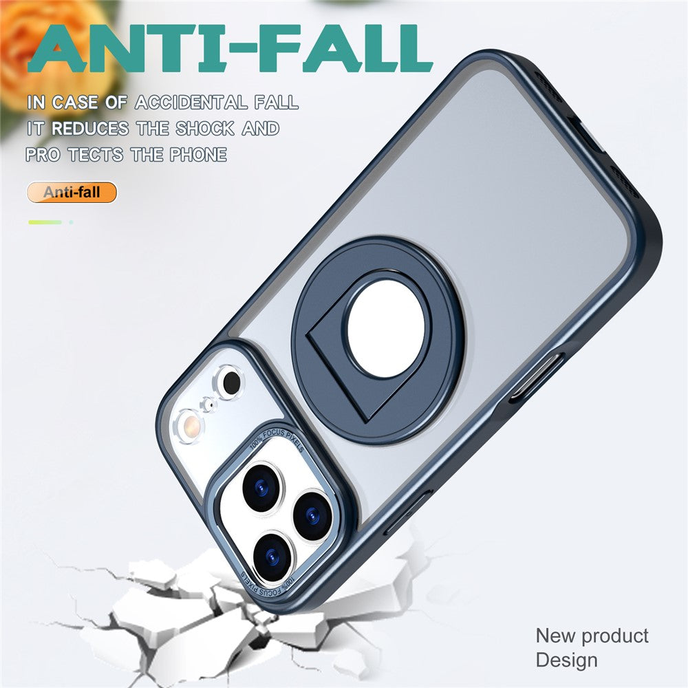 For iPhone 17 Pro Max Clear Back Case Rotating Kickstand TPU + PC Phone Cover Compatible with MagSafe - Dark Blue