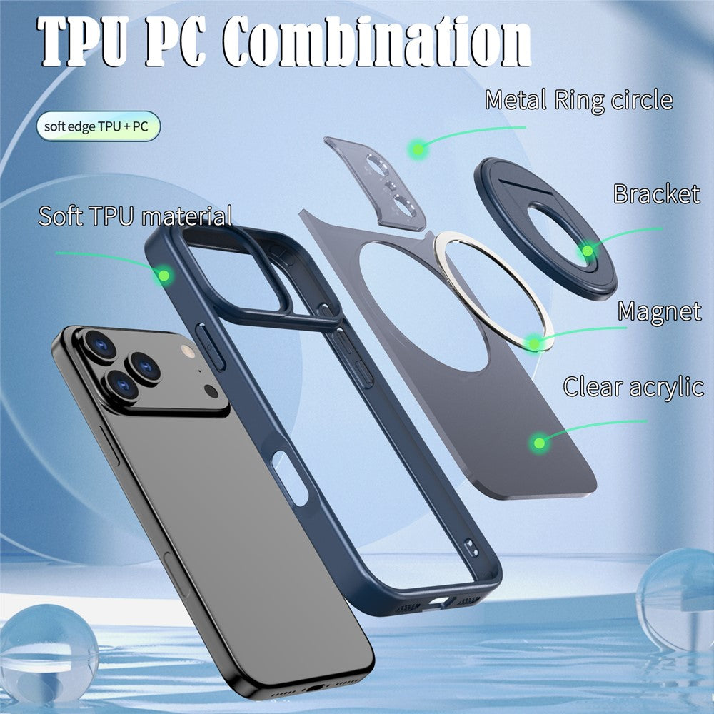 For iPhone 17 Pro Max Clear Back Case Rotating Kickstand TPU + PC Phone Cover Compatible with MagSafe - Dark Blue