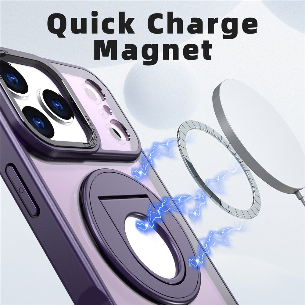 For iPhone 17 Pro Max Clear Back Case Rotating Kickstand TPU + PC Phone Cover Compatible with MagSafe - Purple