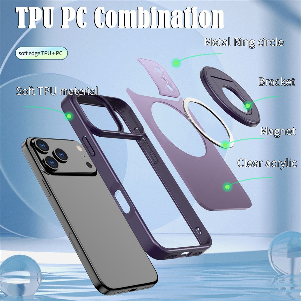 For iPhone 17 Pro Max Clear Back Case Rotating Kickstand TPU + PC Phone Cover Compatible with MagSafe - Purple