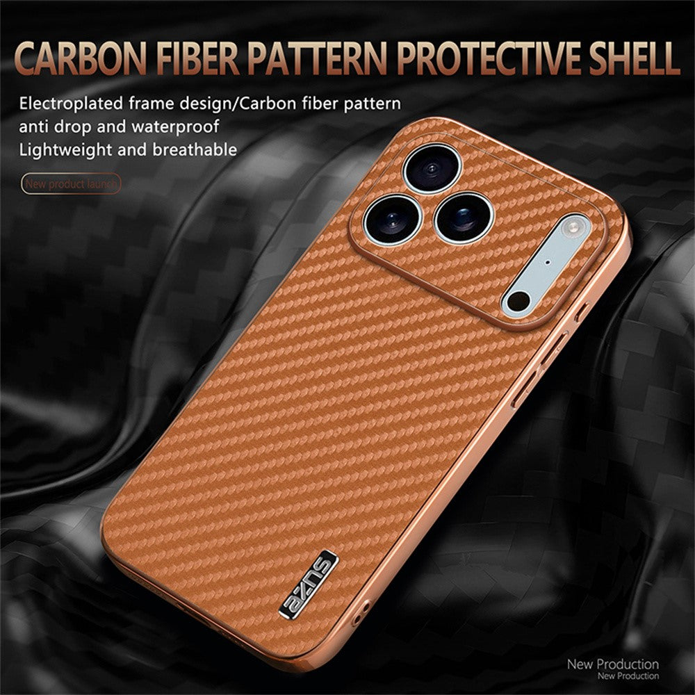 AZNS For iPhone 17 Pro Max Case Electroplating Carbon Fiber Texture PU + TPU Phone Cover - Black