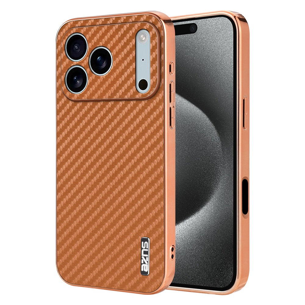 AZNS For iPhone 17 Pro Max Case Electroplating Carbon Fiber Texture PU + TPU Phone Cover - Brown