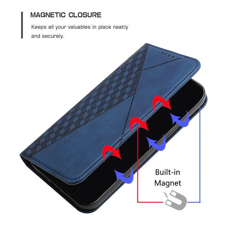 For Samsung Galaxy S23 Imprinted Rhombus Pattern PU Leather Wallet Case Skin-touch Stand Hidden Magnetic Absorption Shockproof Folio Cover - Sapphire