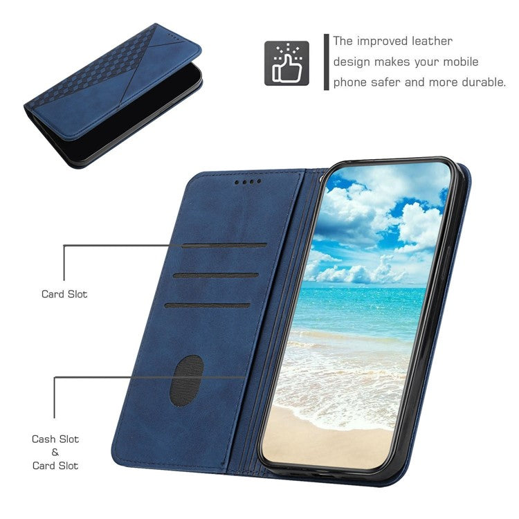 For Samsung Galaxy S23 Imprinted Rhombus Pattern PU Leather Wallet Case Skin-touch Stand Hidden Magnetic Absorption Shockproof Folio Cover - Sapphire