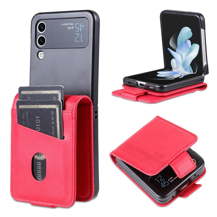 AZNS For Samsung Galaxy Z Flip3 5G Shockproof Case Cowhide Texture PU Leather Case Magnetic Closure Folio Flip Phone Cover with Card Slot - Red