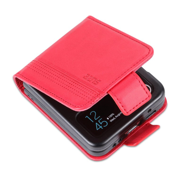 AZNS For Samsung Galaxy Z Flip3 5G Shockproof Case Cowhide Texture PU Leather Case Magnetic Closure Folio Flip Phone Cover with Card Slot - Red