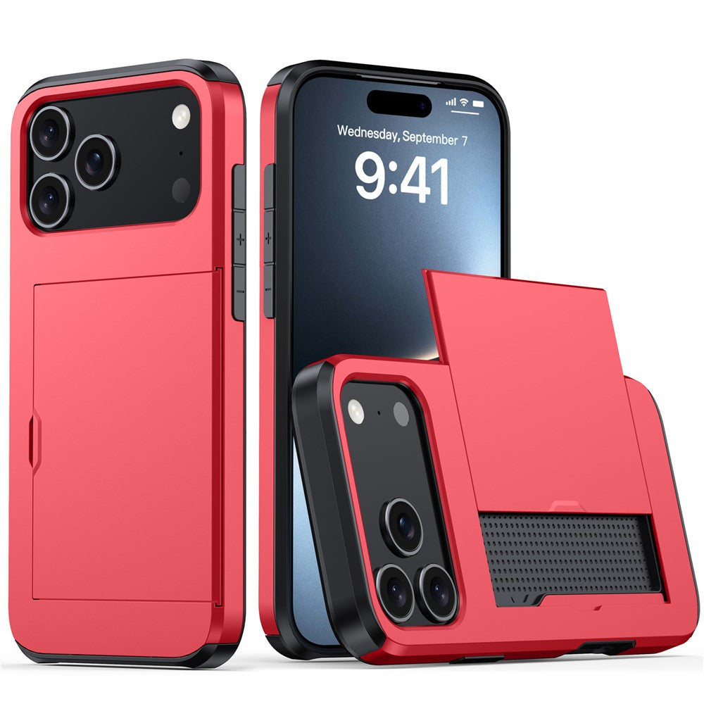 AMORUS For iPhone 17 Pro Max Case with Sliding Card Holder PC TPU Phone Back Cover - Red