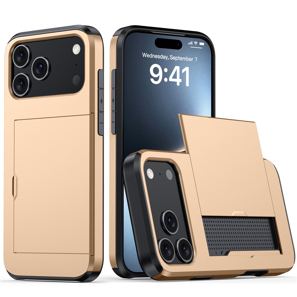 AMORUS For iPhone 17 Pro Max Case with Sliding Card Holder PC TPU Phone Back Cover - Gold