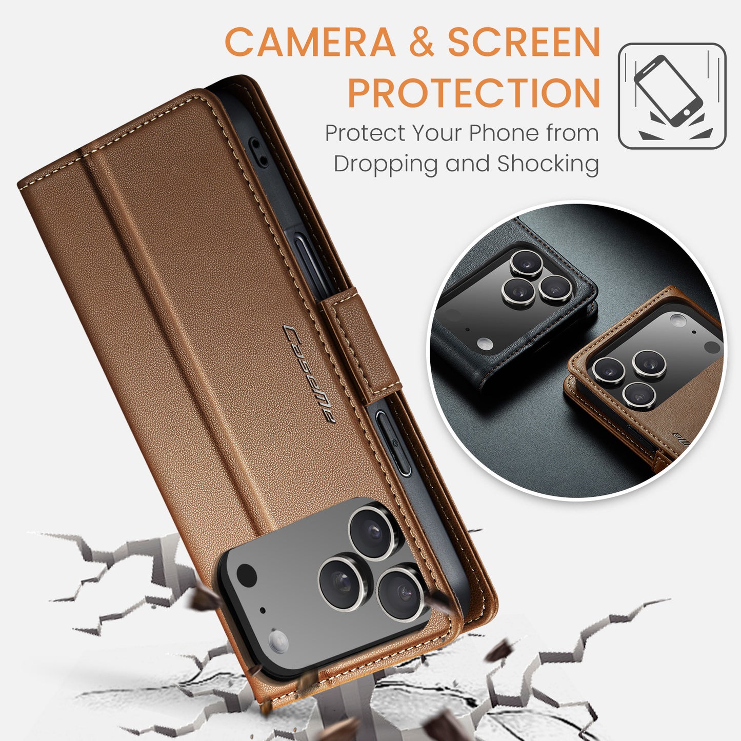For iPhone 17 Pro Max Case CASEME 023 Series RFID Blocking Leather Wallet Stand Phone Cover - Brown