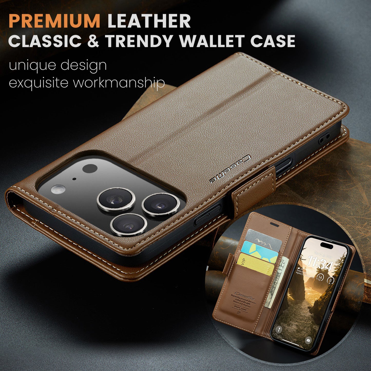 For iPhone 17 Pro Max Case CASEME 023 Series RFID Blocking Leather Wallet Stand Phone Cover - Brown