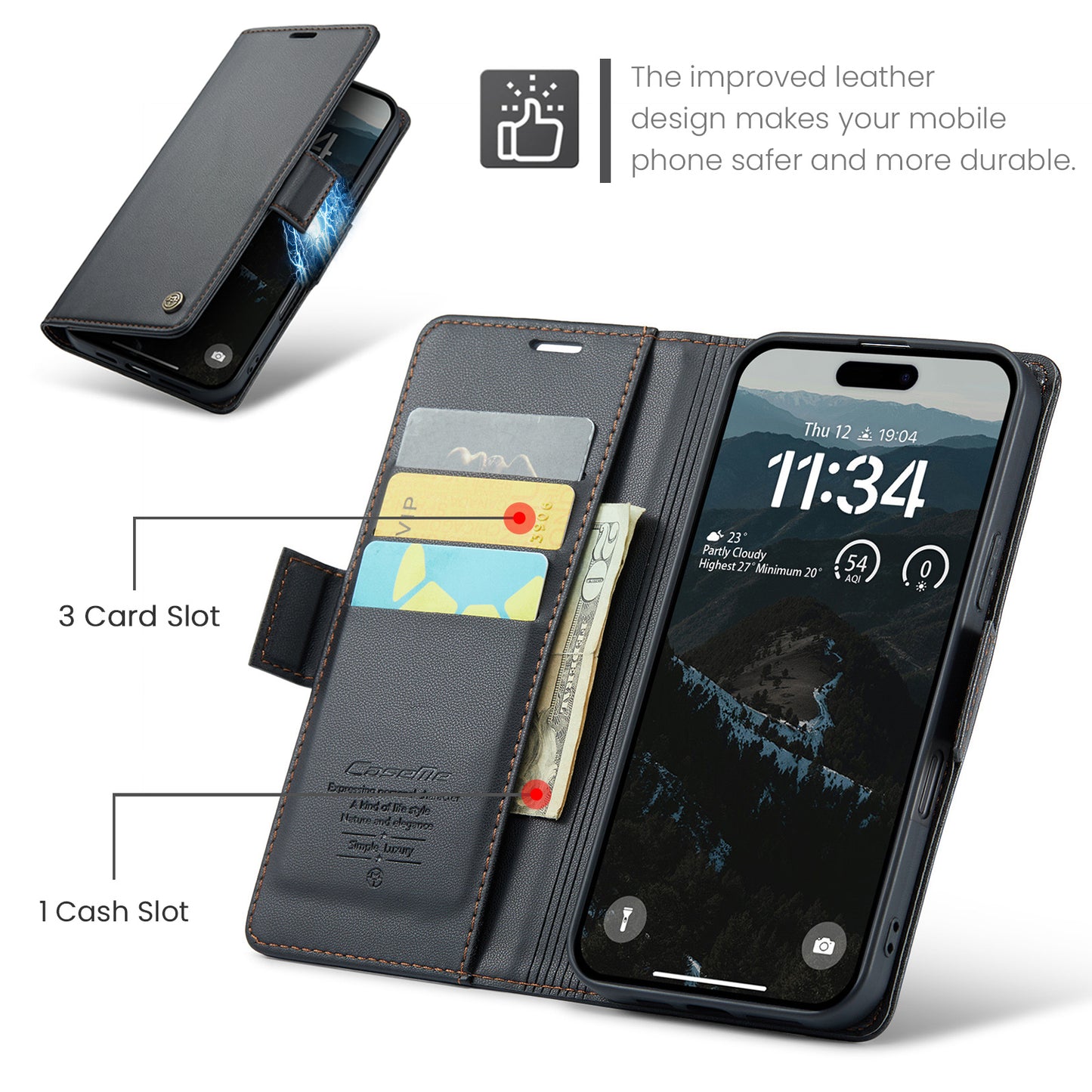 For iPhone 17 Pro Max Case CASEME 023 Series RFID Blocking Leather Wallet Stand Phone Cover - Black