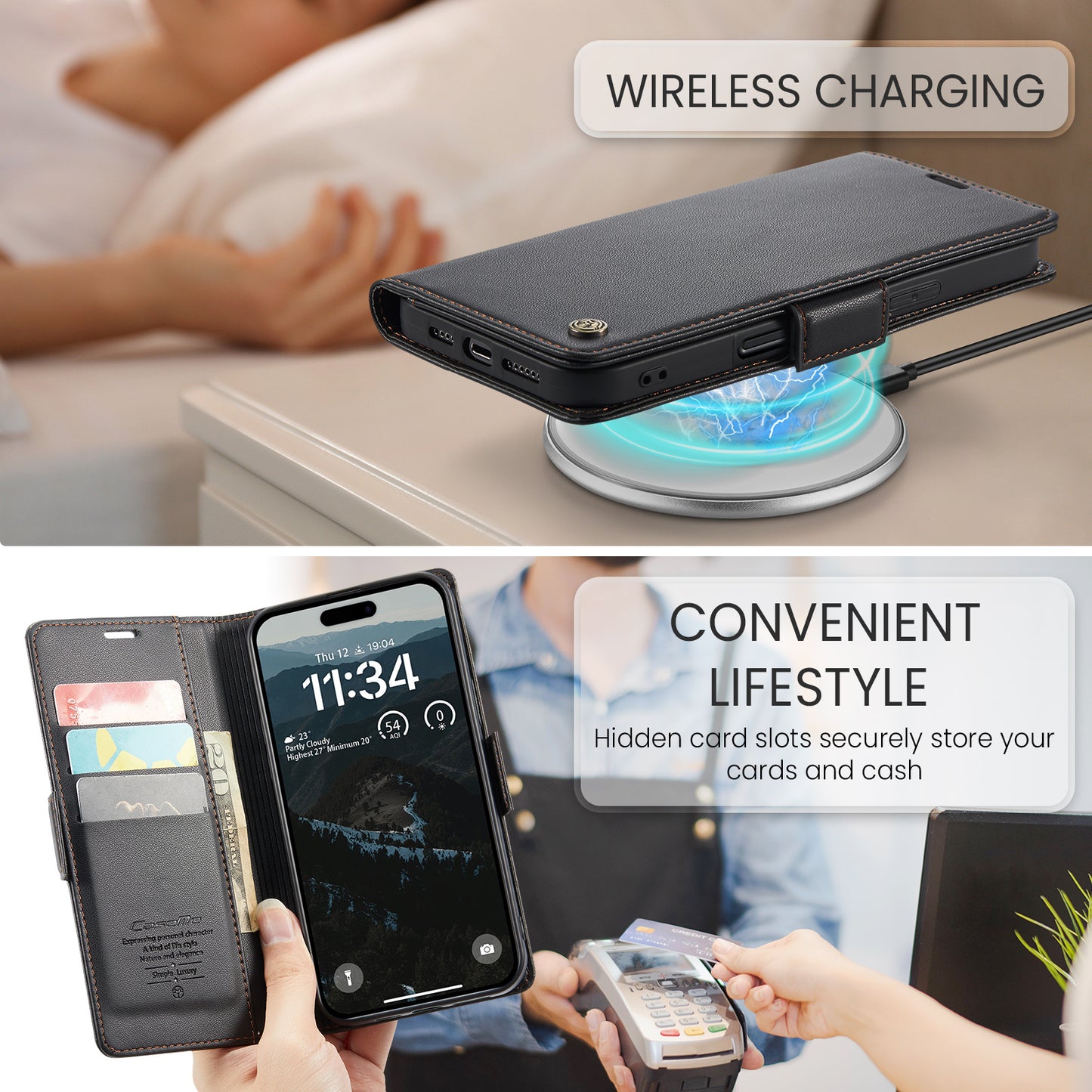 For iPhone 17 Pro Max Case CASEME 023 Series RFID Blocking Leather Wallet Stand Phone Cover - Black