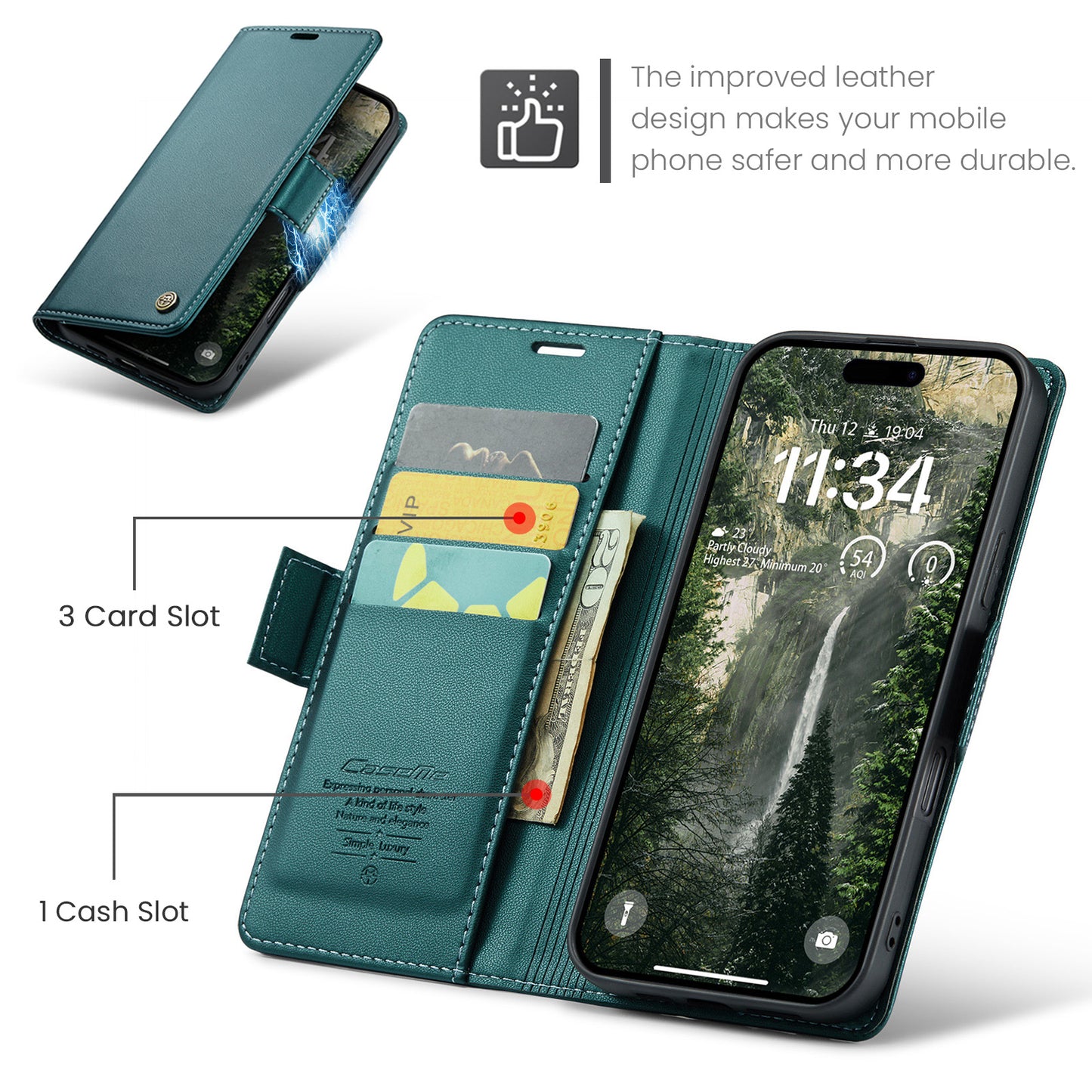 For iPhone 17 Pro Max Case CASEME 023 Series RFID Blocking Leather Wallet Stand Phone Cover - Green