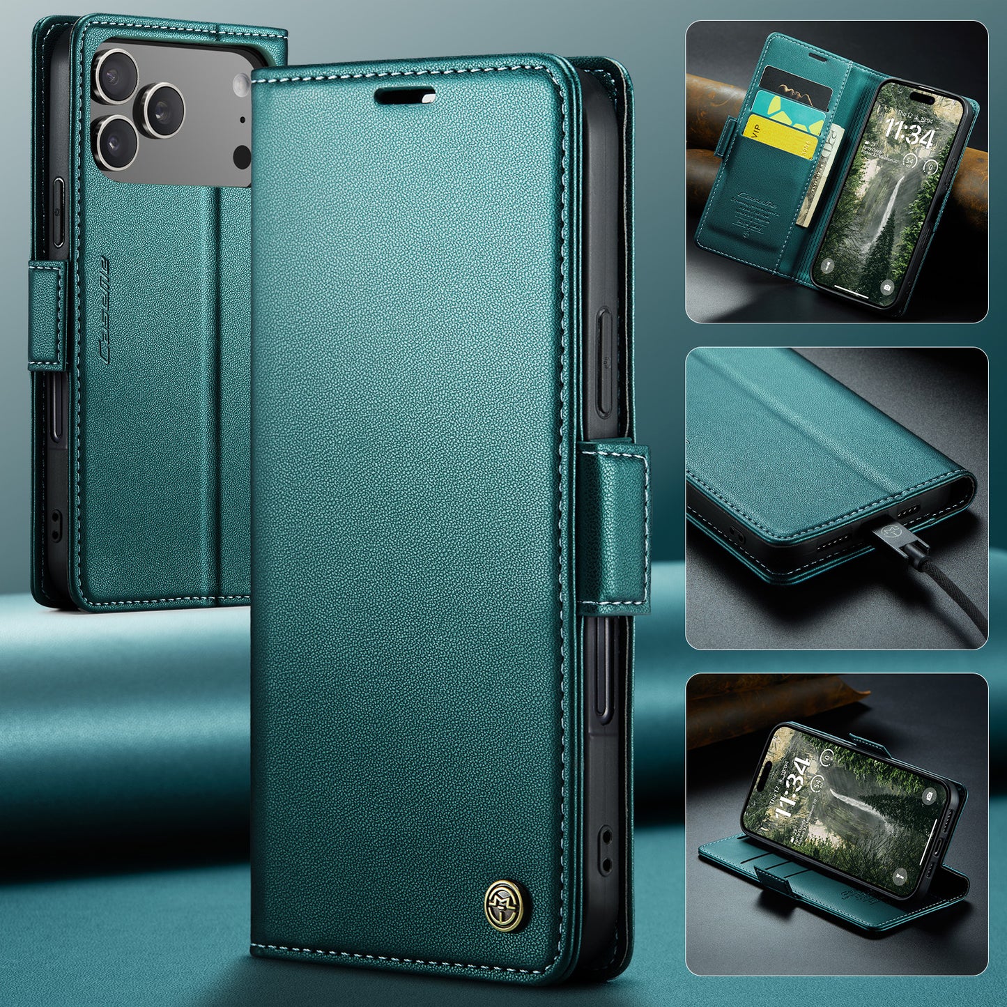 For iPhone 17 Pro Max Case CASEME 023 Series RFID Blocking Leather Wallet Stand Phone Cover - Green