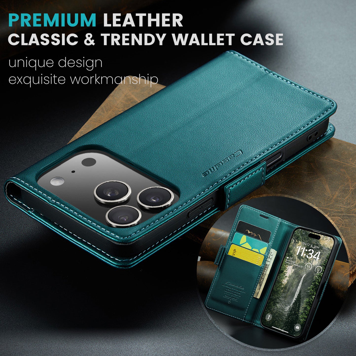 For iPhone 17 Pro Max Case CASEME 023 Series RFID Blocking Leather Wallet Stand Phone Cover - Green
