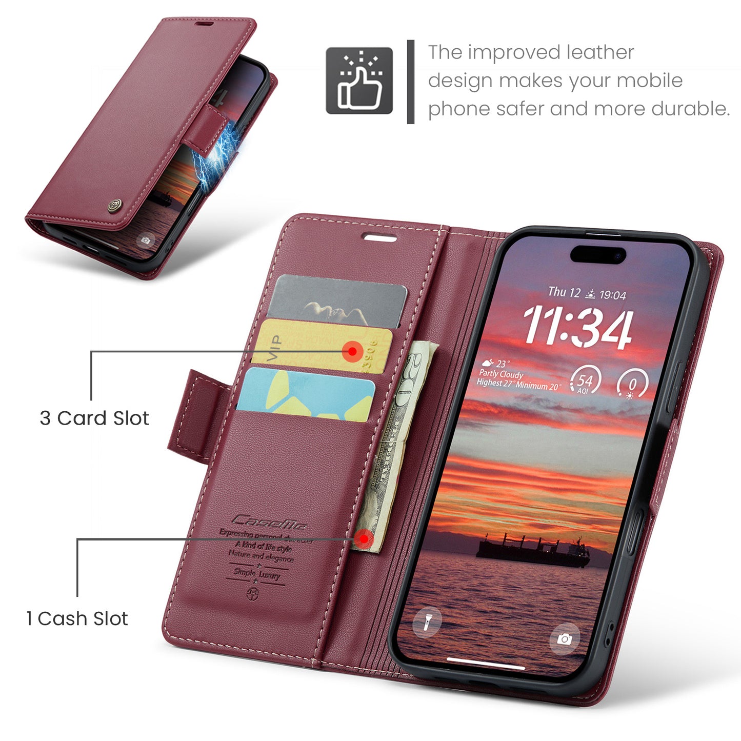For iPhone 17 Pro Max Case CASEME 023 Series RFID Blocking Leather Wallet Stand Phone Cover - Red