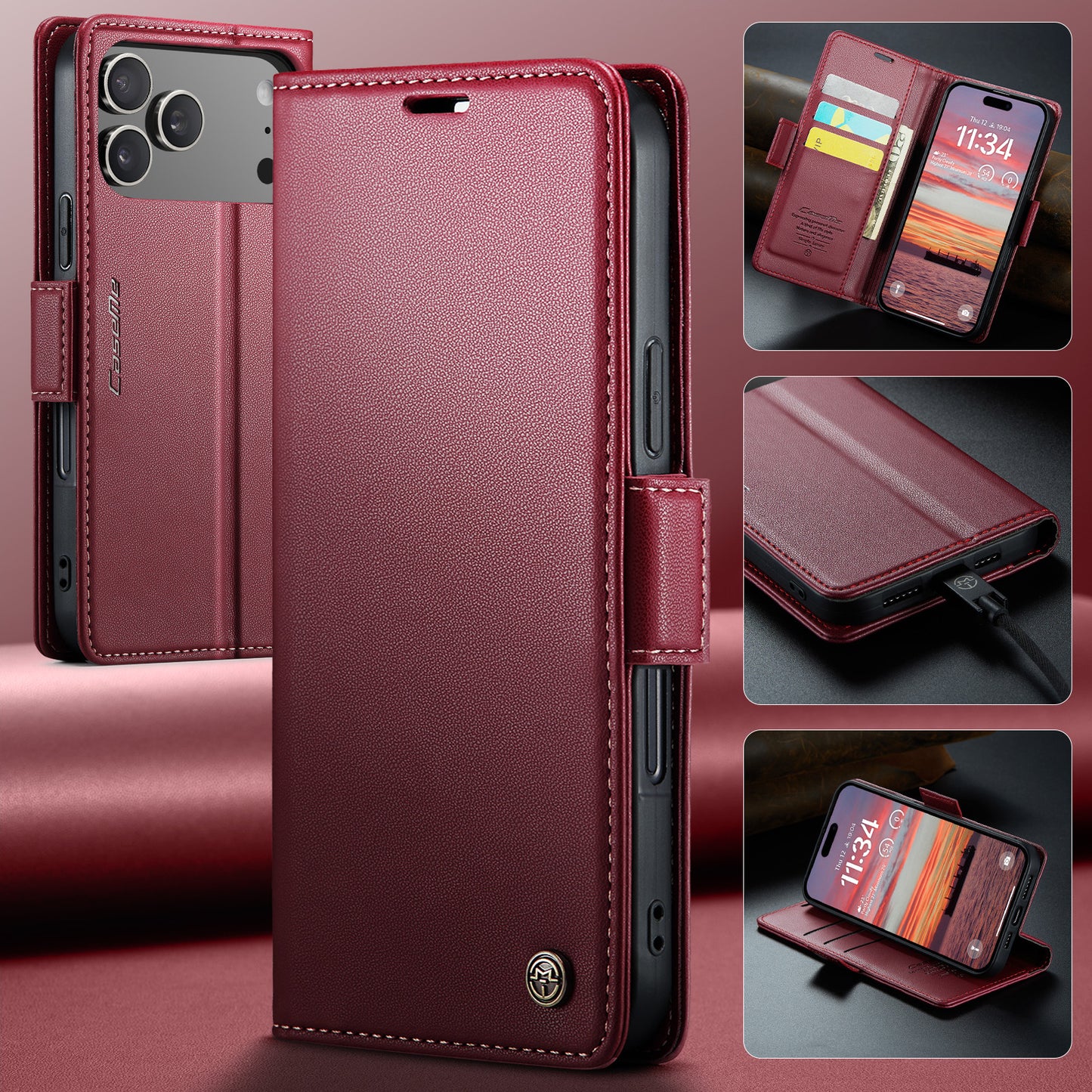 For iPhone 17 Pro Max Case CASEME 023 Series RFID Blocking Leather Wallet Stand Phone Cover - Red