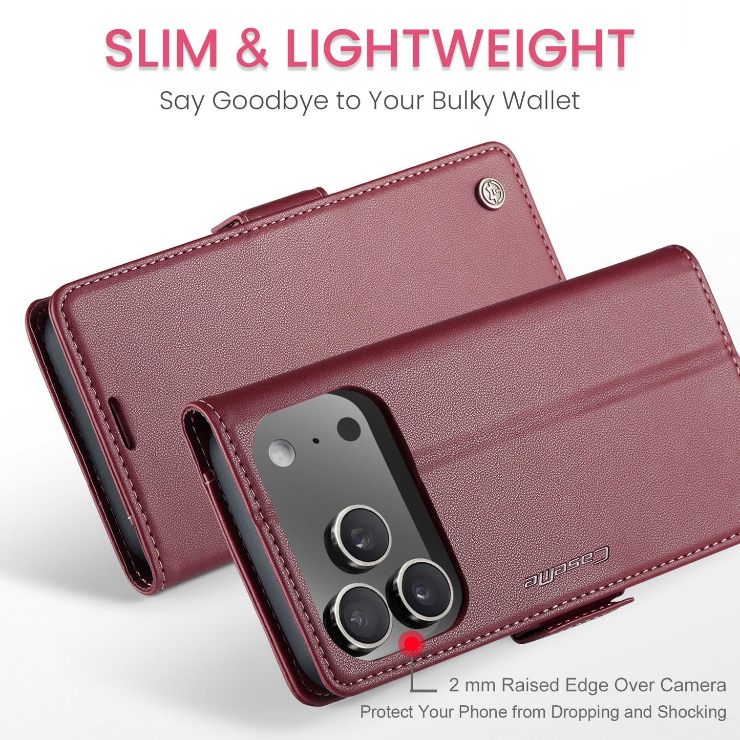 For iPhone 17 Pro Max Case CASEME 023 Series RFID Blocking Leather Wallet Stand Phone Cover - Red