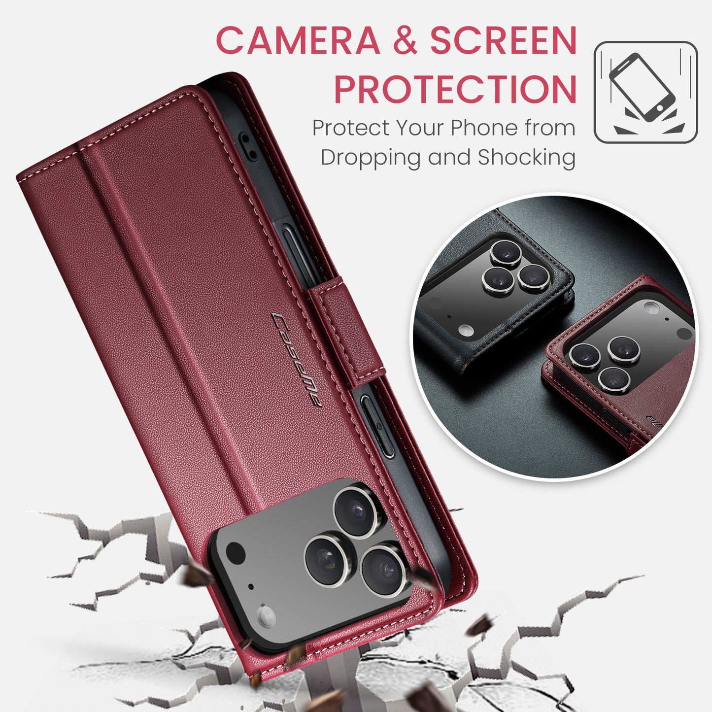 For iPhone 17 Pro Max Case CASEME 023 Series RFID Blocking Leather Wallet Stand Phone Cover - Red