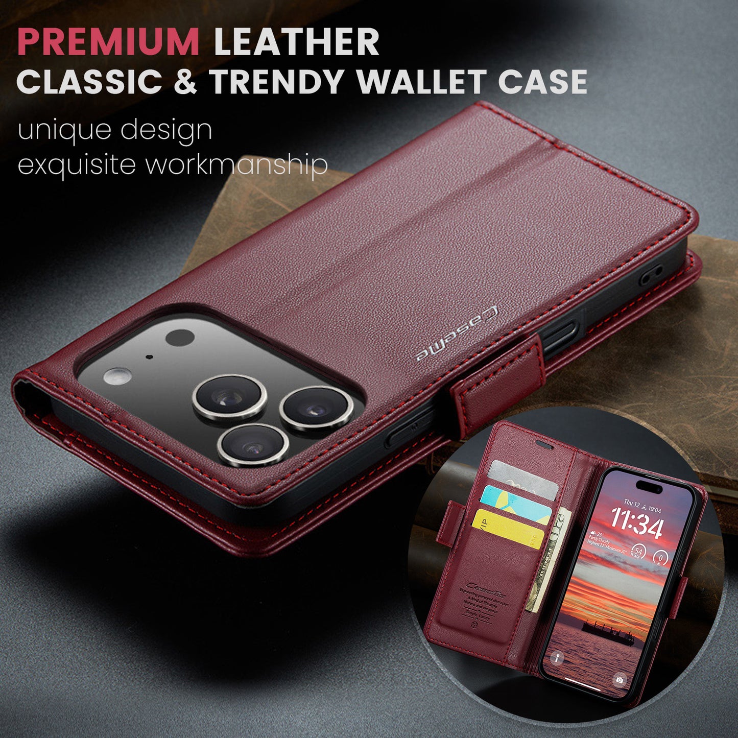 For iPhone 17 Pro Max Case CASEME 023 Series RFID Blocking Leather Wallet Stand Phone Cover - Red