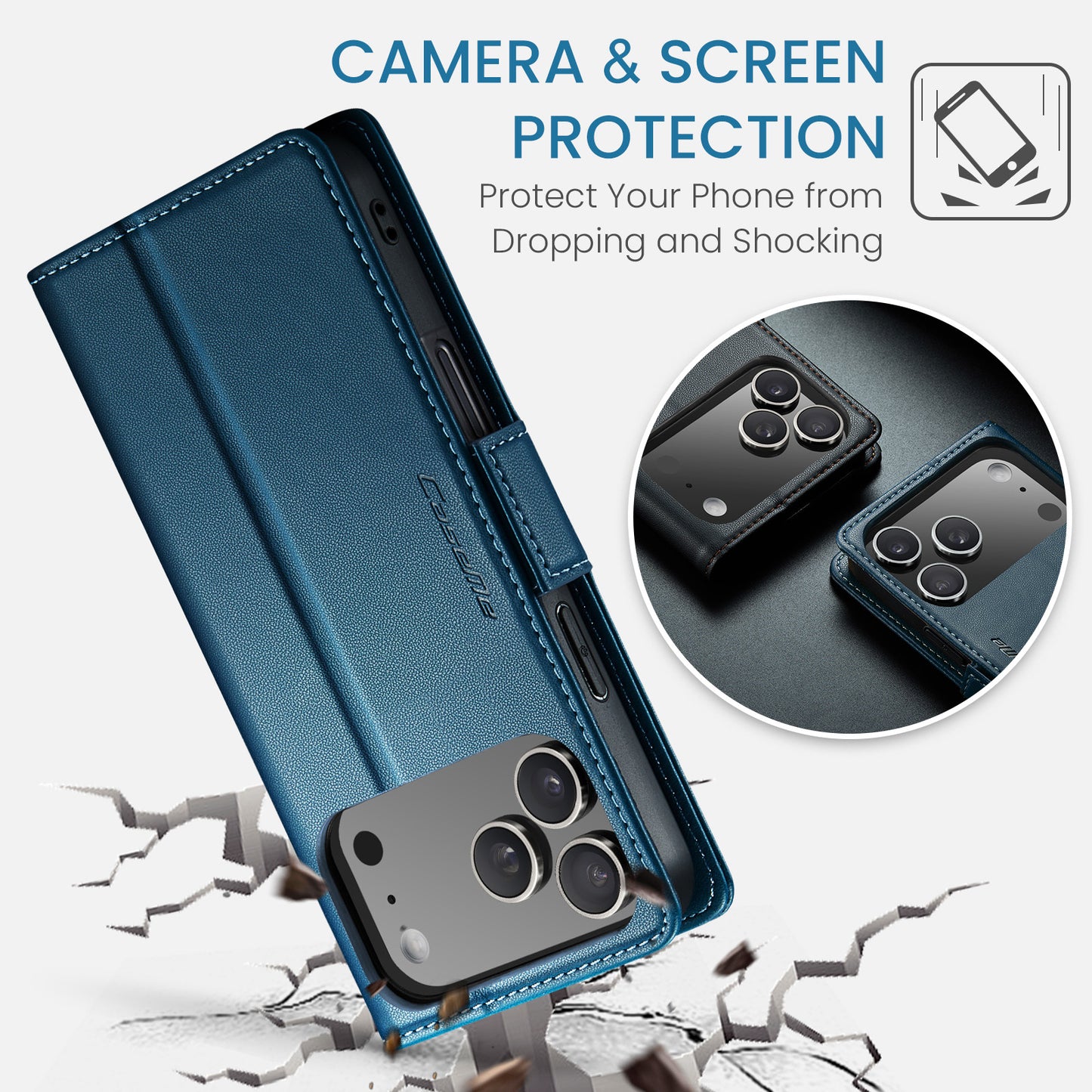 For iPhone 17 Pro Max Case CASEME 023 Series RFID Blocking Leather Wallet Stand Phone Cover - Blue