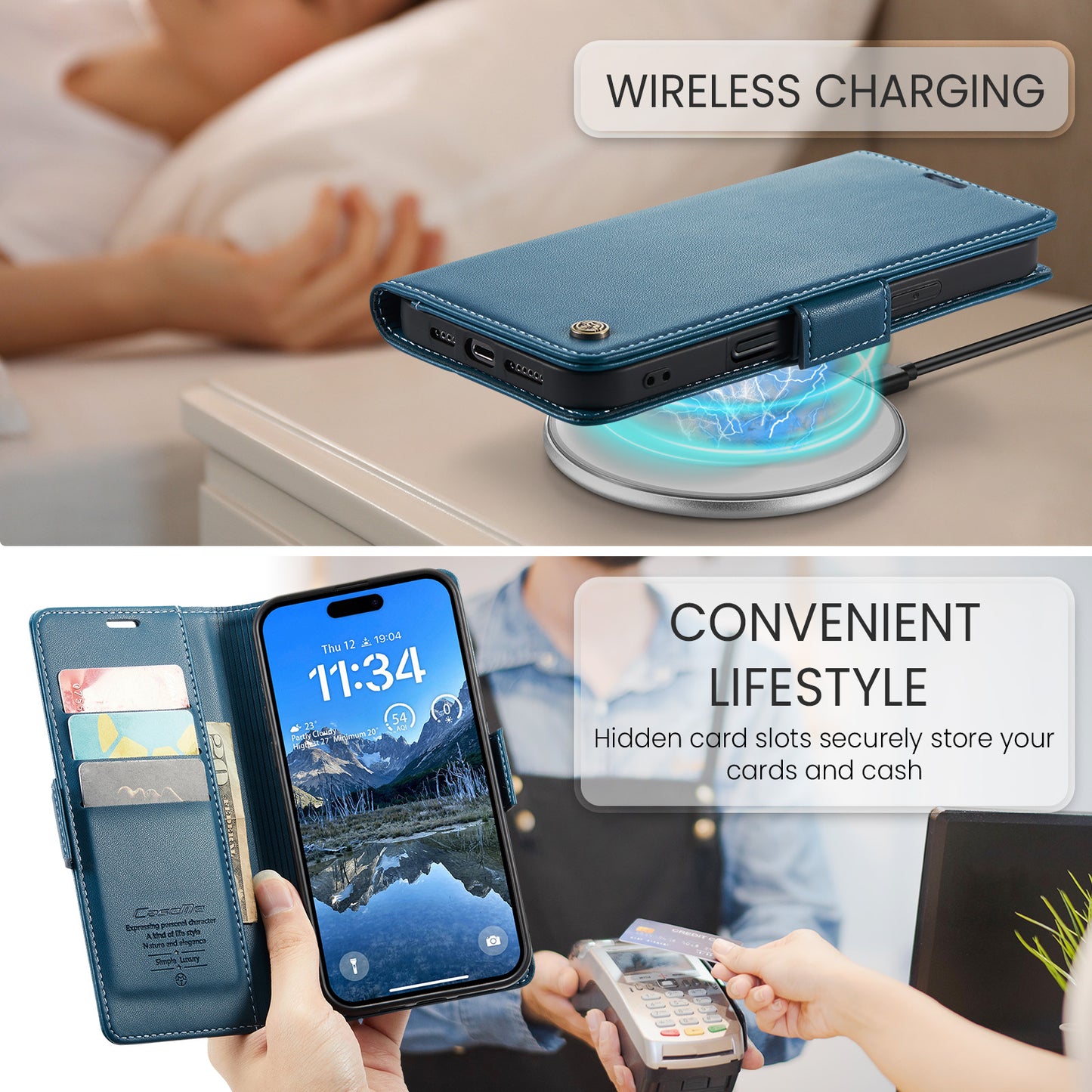 For iPhone 17 Pro Max Case CASEME 023 Series RFID Blocking Leather Wallet Stand Phone Cover - Blue