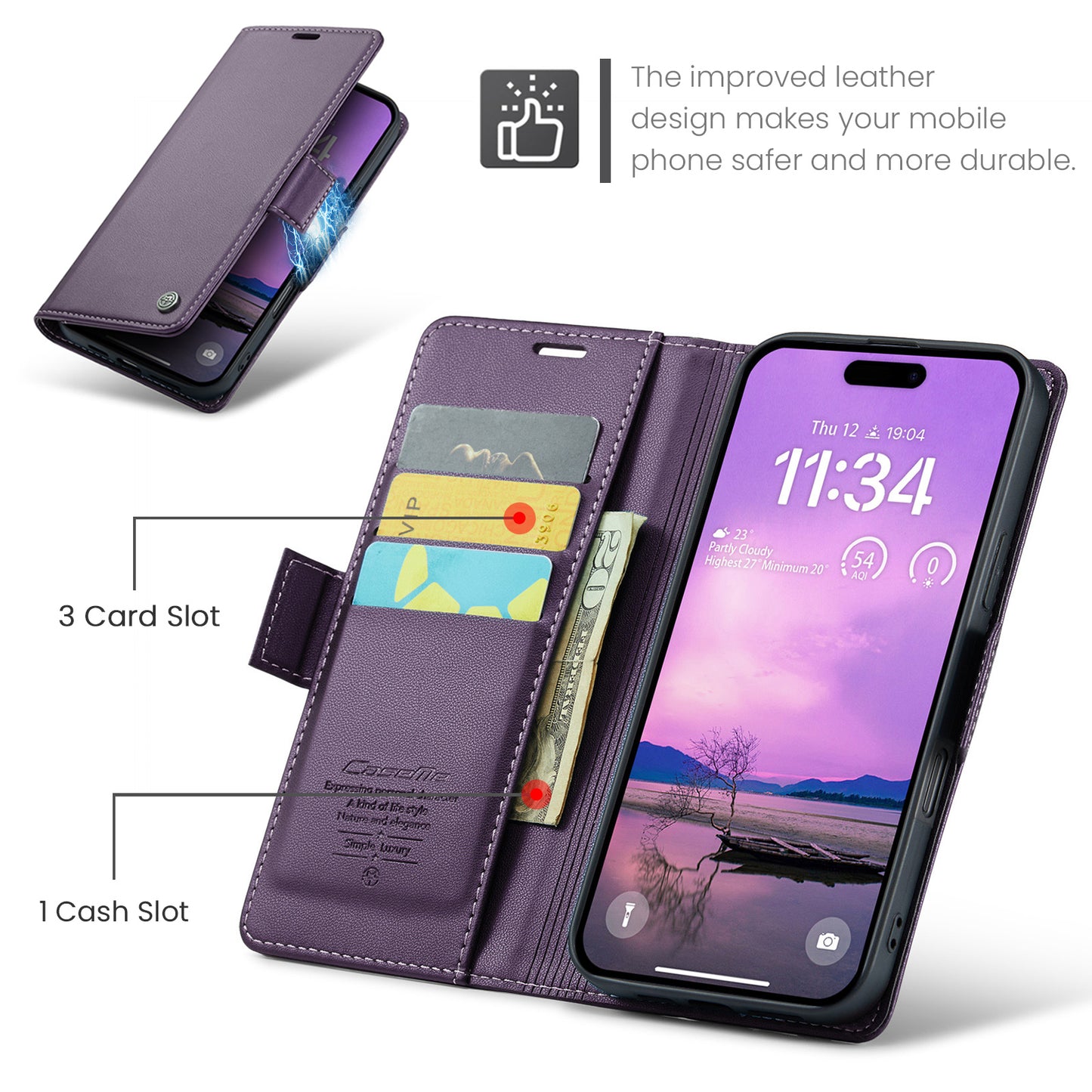 For iPhone 17 Pro Max Case CASEME 023 Series RFID Blocking Leather Wallet Stand Phone Cover - Purple