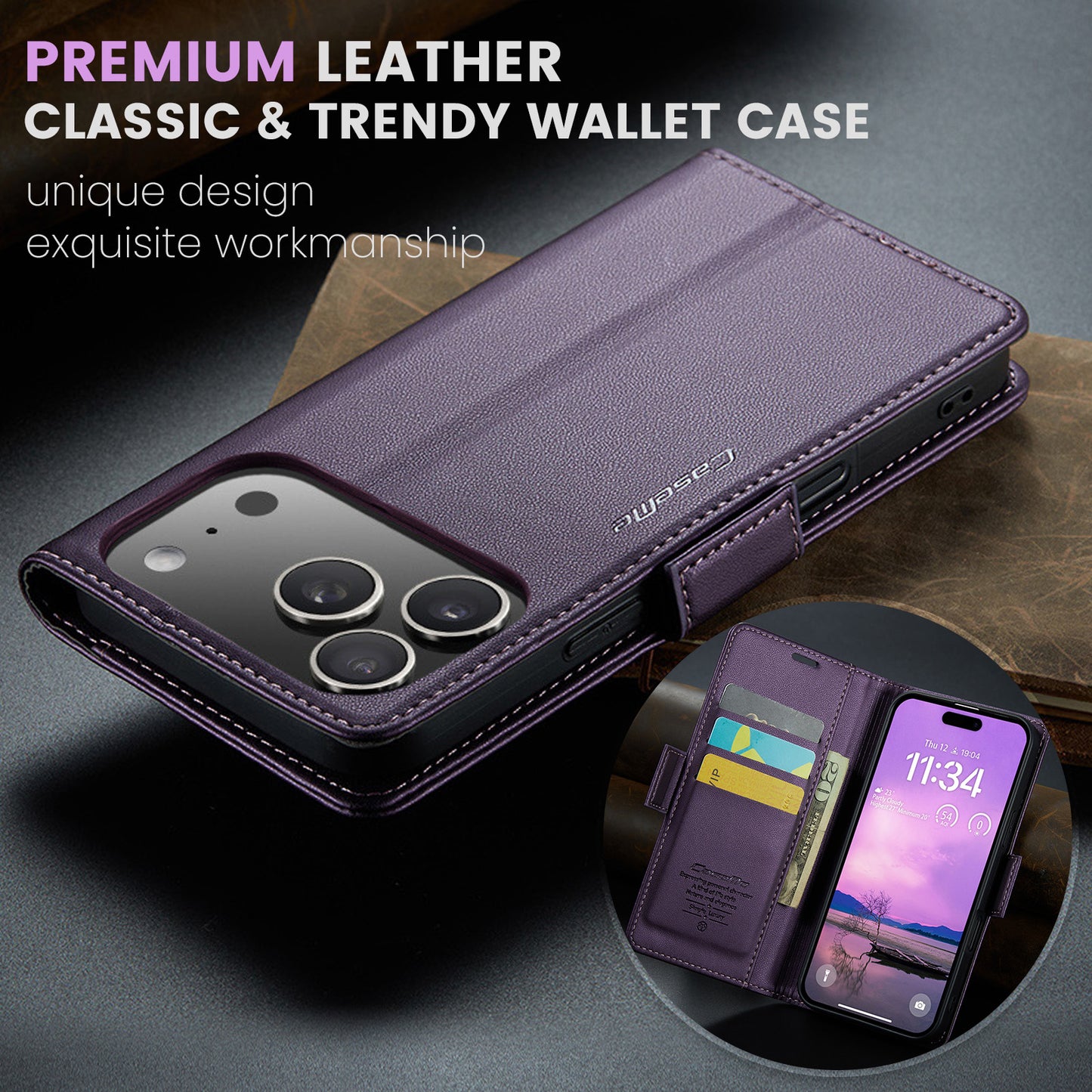For iPhone 17 Pro Max Case CASEME 023 Series RFID Blocking Leather Wallet Stand Phone Cover - Purple