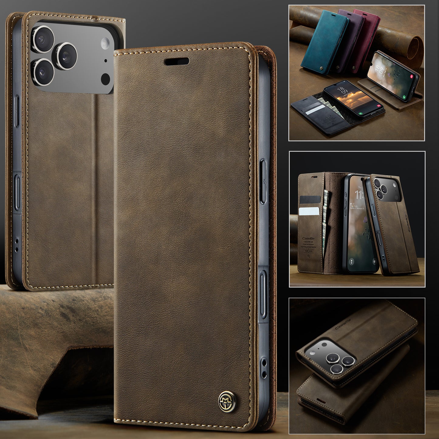 For iPhone 17 Pro Max Case CASEME 033 Series RFID Blocking Wallet Stand Calf Texture Leather Phone Cover - Coffee