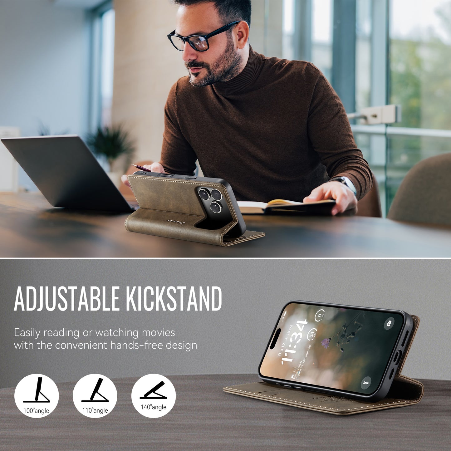 For iPhone 17 Pro Max Case CASEME 033 Series RFID Blocking Wallet Stand Calf Texture Leather Phone Cover - Coffee