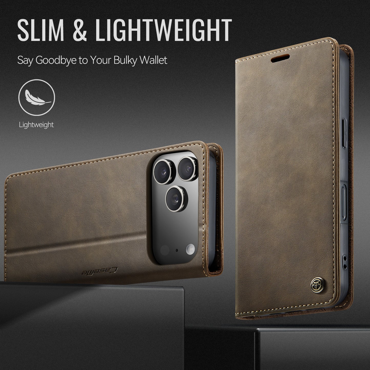 For iPhone 17 Pro Max Case CASEME 033 Series RFID Blocking Wallet Stand Calf Texture Leather Phone Cover - Coffee