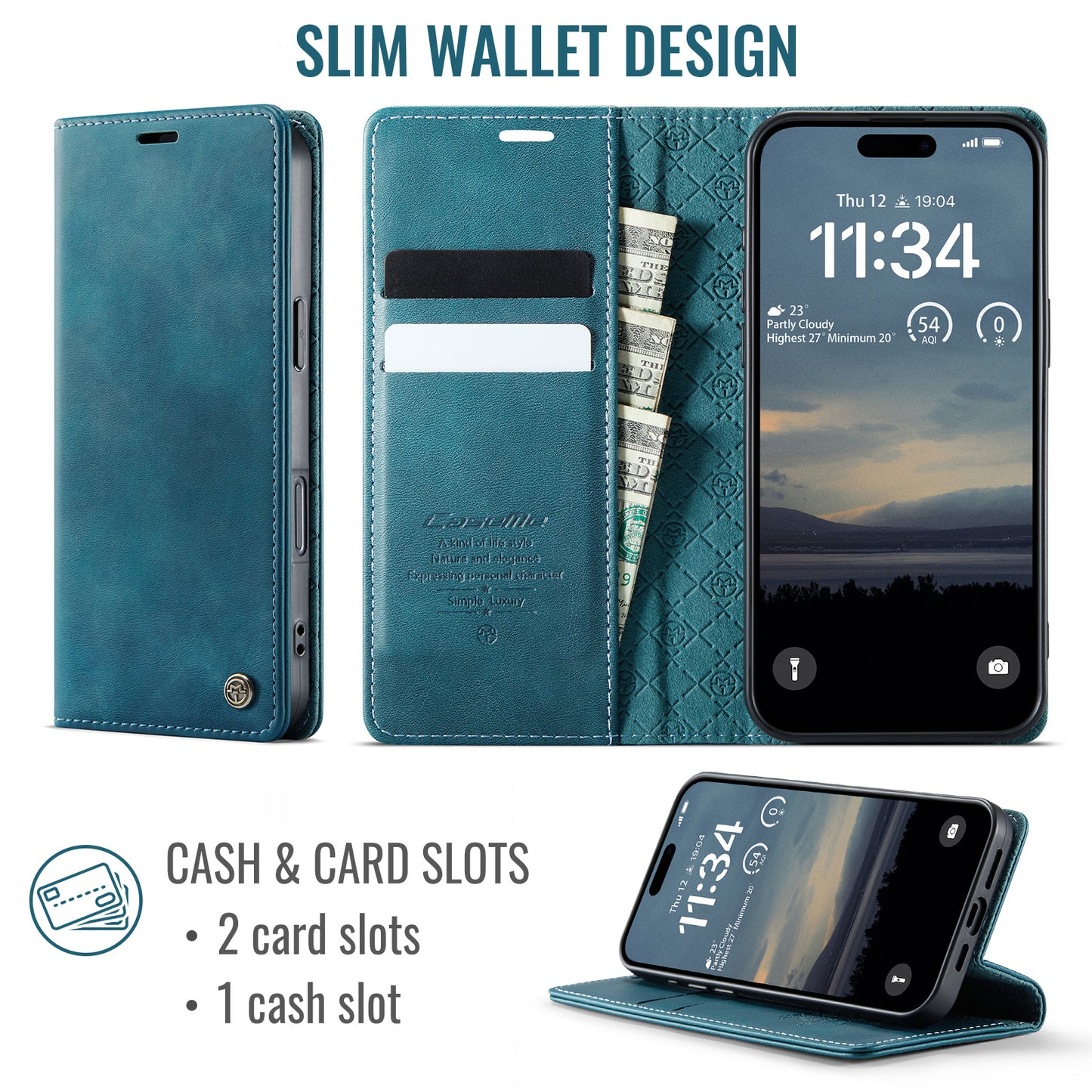 For iPhone 17 Pro Max Case CASEME 033 Series RFID Blocking Wallet Stand Calf Texture Leather Phone Cover - Green