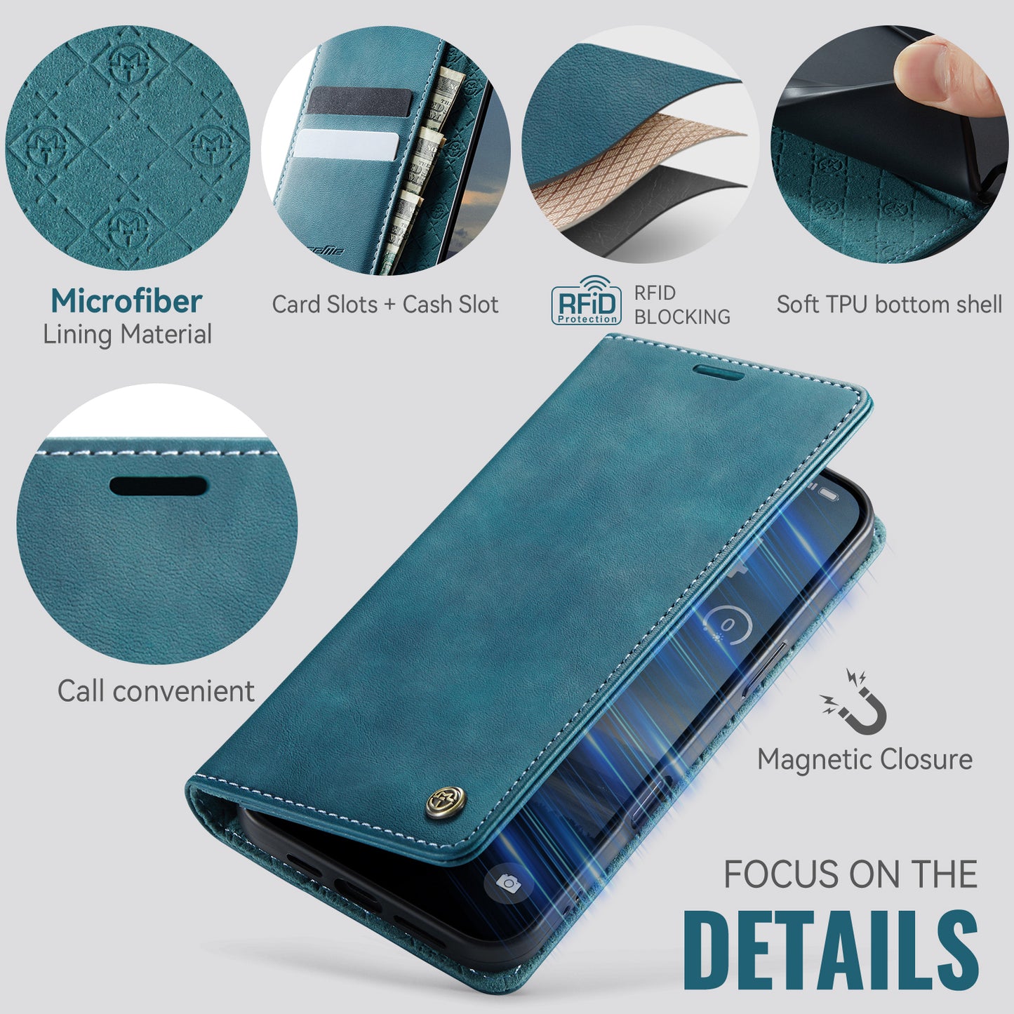 For iPhone 17 Pro Max Case CASEME 033 Series RFID Blocking Wallet Stand Calf Texture Leather Phone Cover - Green