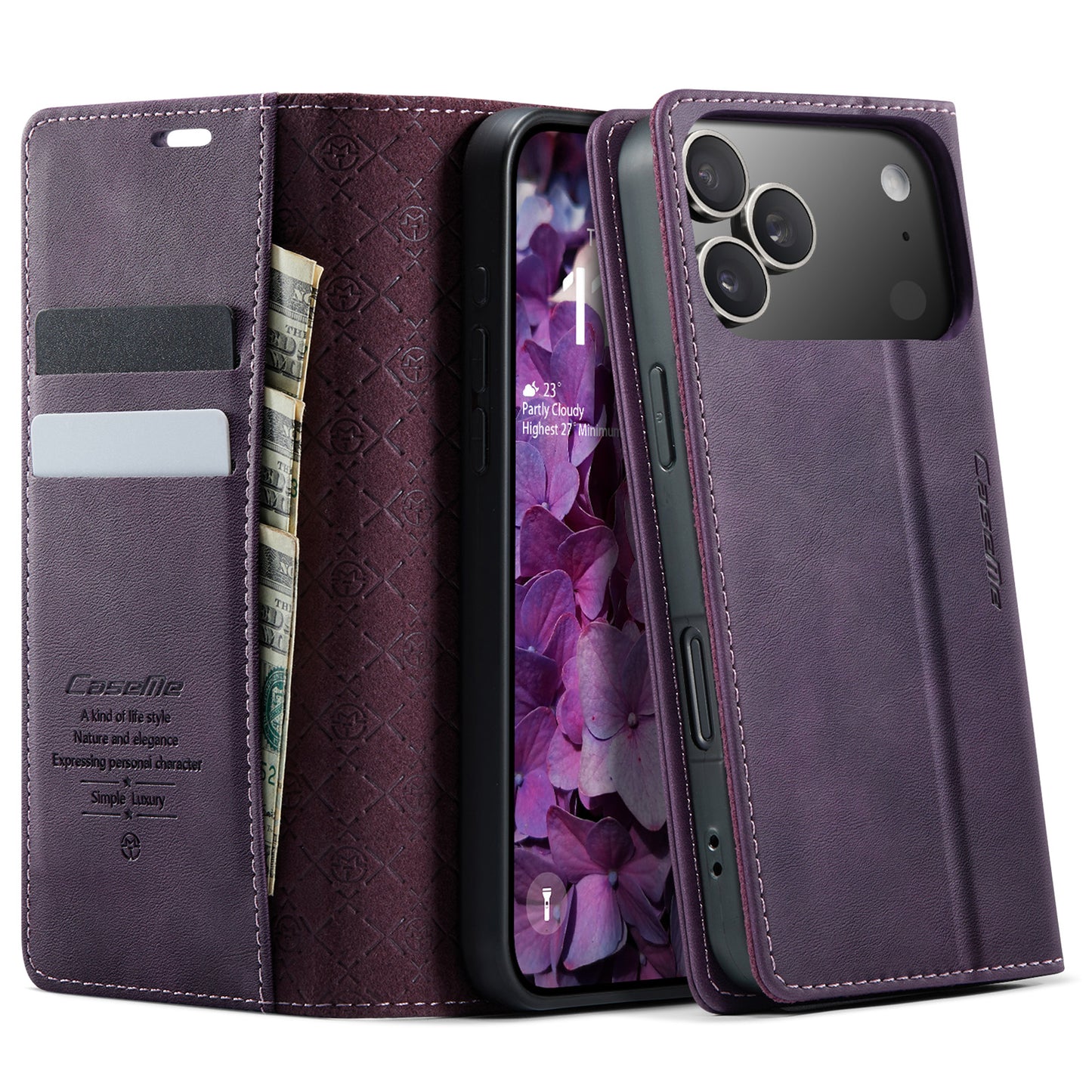 For iPhone 17 Pro Max Case CASEME 033 Series RFID Blocking Wallet Stand Calf Texture Leather Phone Cover - Purple