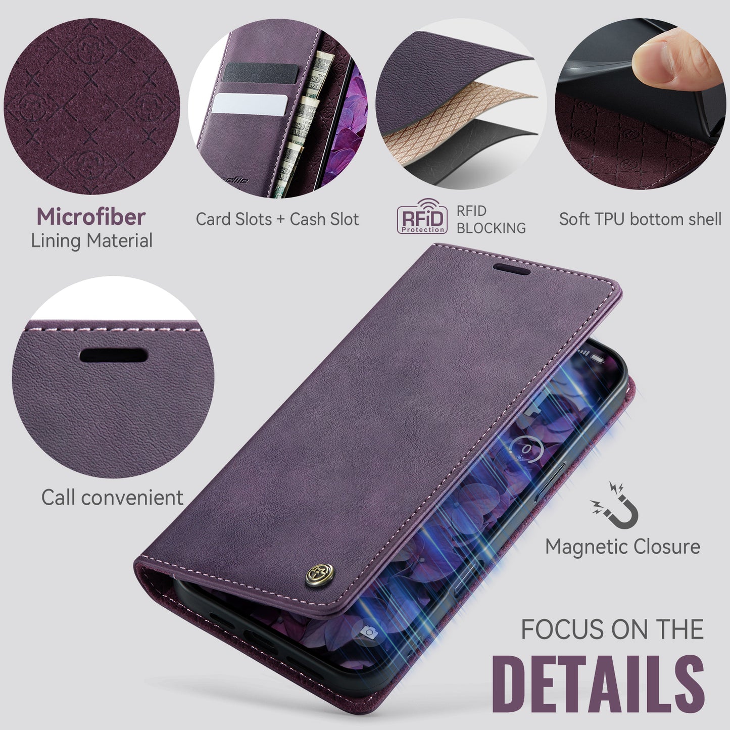 For iPhone 17 Pro Max Case CASEME 033 Series RFID Blocking Wallet Stand Calf Texture Leather Phone Cover - Purple