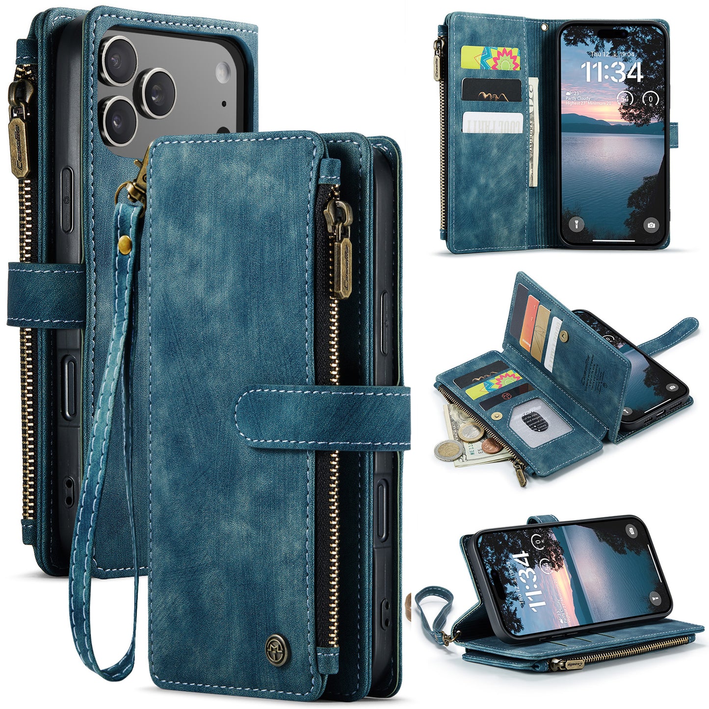 For iPhone 17 Pro Max Phone Cases with Strap CASEME C30 Zipper Multiple Card Holder PU Leather Cover - Blue